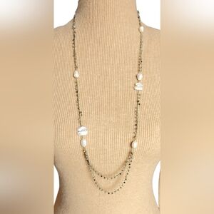 Vtg. Long Chain Pyrite Beads & Natural Pearls Necklace